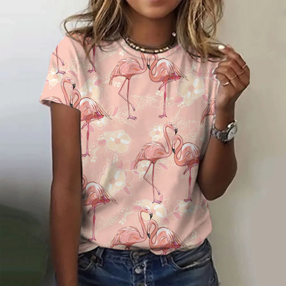 

2023 Flamingos Print Women T-Shirt O-Neck Oversized Top Ladies Clothing Summer Short Sleeve Tshirt Harajuku Female Pullover Tees