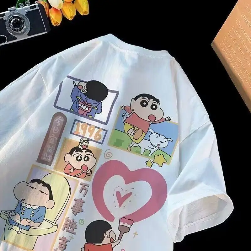 New Creative Cute Cartoon Anime Short Sleeve Bandai Crayon Shin Chan Printed T Shirt Loose Fitting Men and Women Couple Top