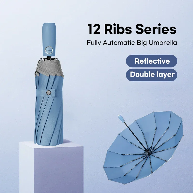 

Fully Automatic 12 Ribs Umbrella Windproof Strong Big Folding Umbrella for Women Double Layer Golf Rain Umbrella Free Shipping