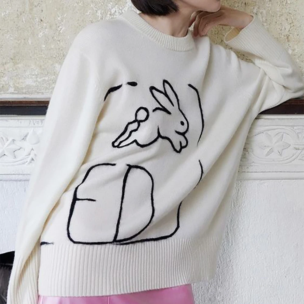 New Chinese Style Jade Rabbit Pattern Loose Pullover Sweater Women's T-Shirt 2022 Winter Model Merino Fleece B960