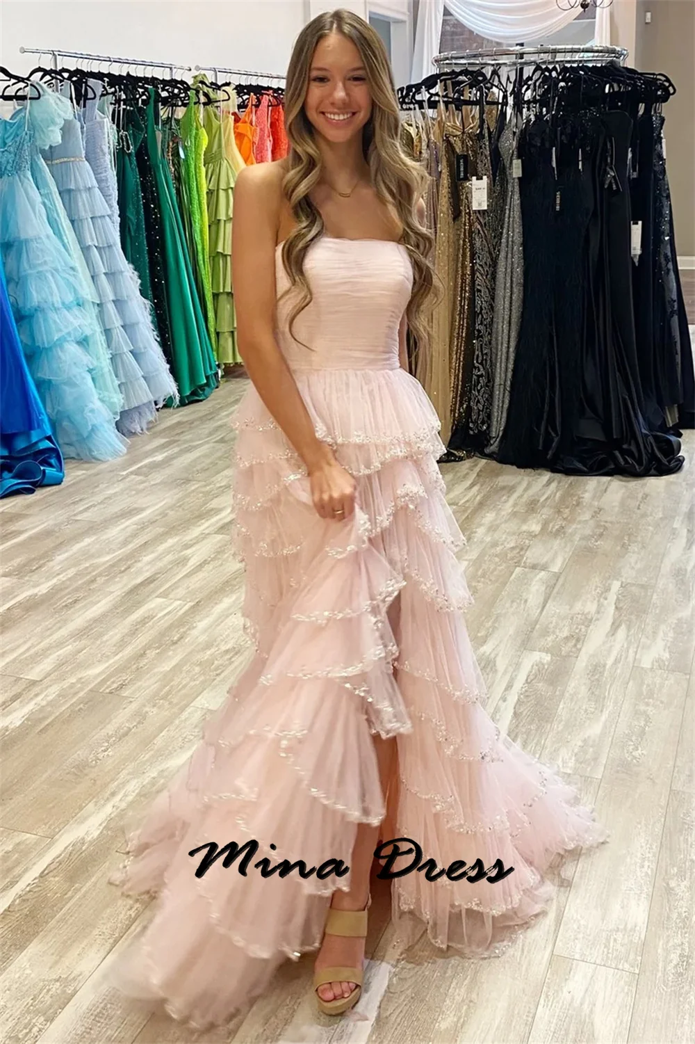 Mina Layered Gala Dresses Woman 2024 for Party Dress Chiffon Elegant Luxury Evening Dress 2024 Dubai Shiny Side Slits Ball Gowns