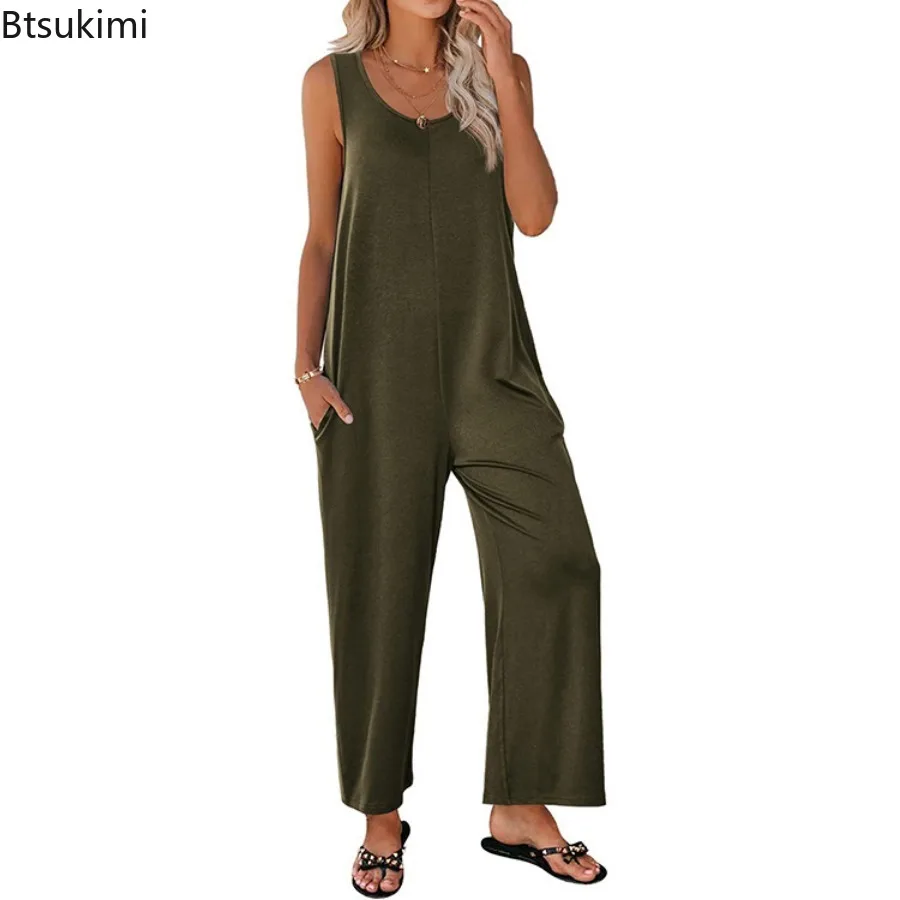 

2024Women's Casual Jumpsuits Overalls Solid Sleeveless Straight Pants High Street Pockets Loose Casual Mid Waist Rompers Outfits