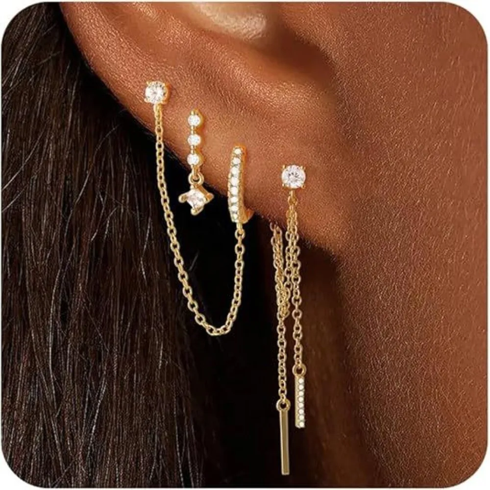 4Pcs/Set Zircon Drop Earrings Set Chain Multiple Piercing Hoop Pendant Earrings Set Adjustable Geometric Huggie Hoop Earrings