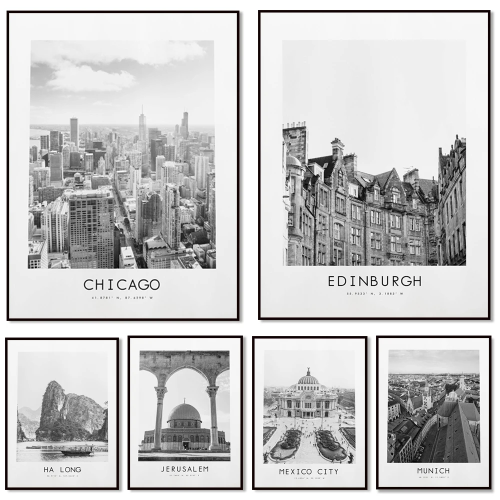 (2D Canvas Painting)  Krakow,Frankfurt,Edinburgh,Chicago,Buenos,Auckland,Vancouver,Mexico City Poster Print - Black and White