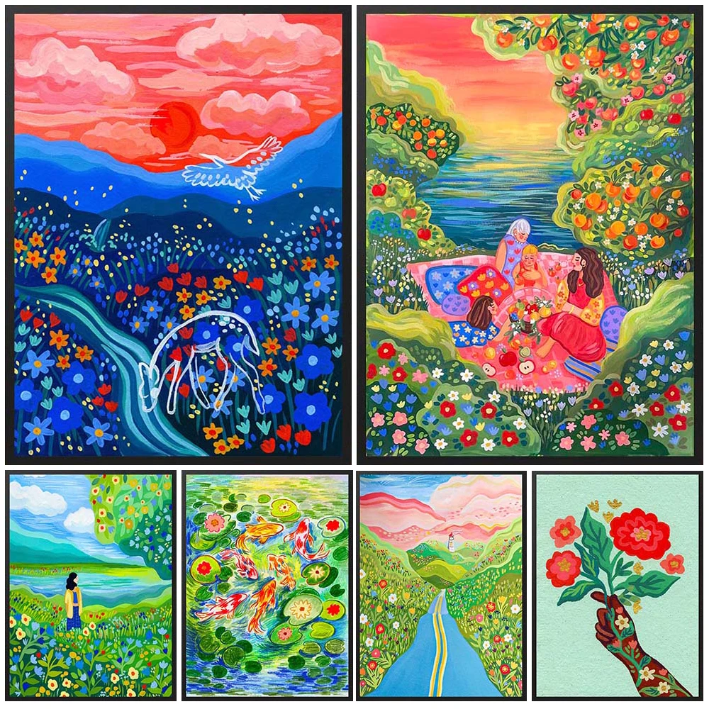 

Illustration Tree Scenery Cartoon Nursery Poster Wall Art Canvas Painting Home Decor Wall Pictures For Living Room Unframed