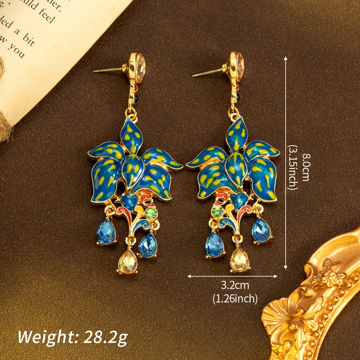 Medieval vintage enamel flower water drop tassel stud earrings temperament earrings contrasting color jewelry