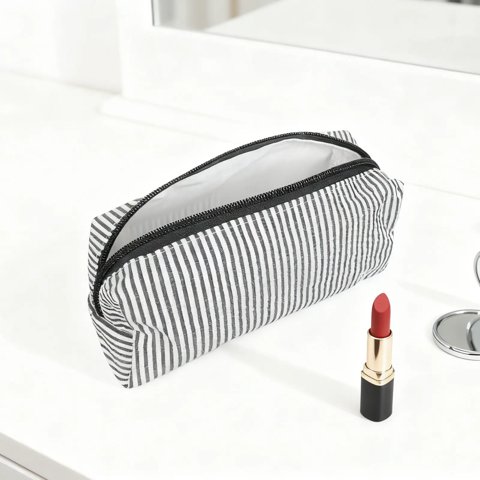 Large Black Striped Pencil Case Polyester Zipper Pouch Multi Functional Stationery Organizer for School Office