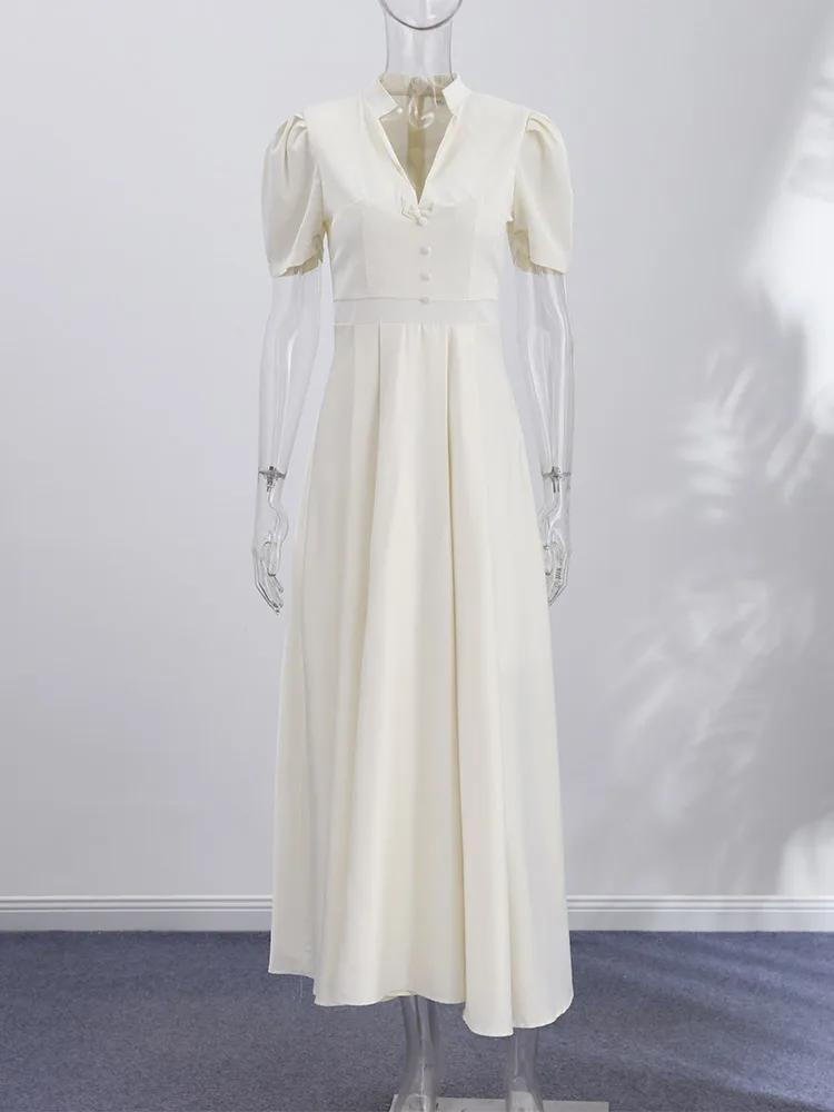 Tief Ausgeschnittenes Tailliertes Langes Kleid mit Weitem Rock für Damen Sexy Puffärmel Einfarbiges Schlankes Abendkleid Charmante Damenkleider – Detail 4