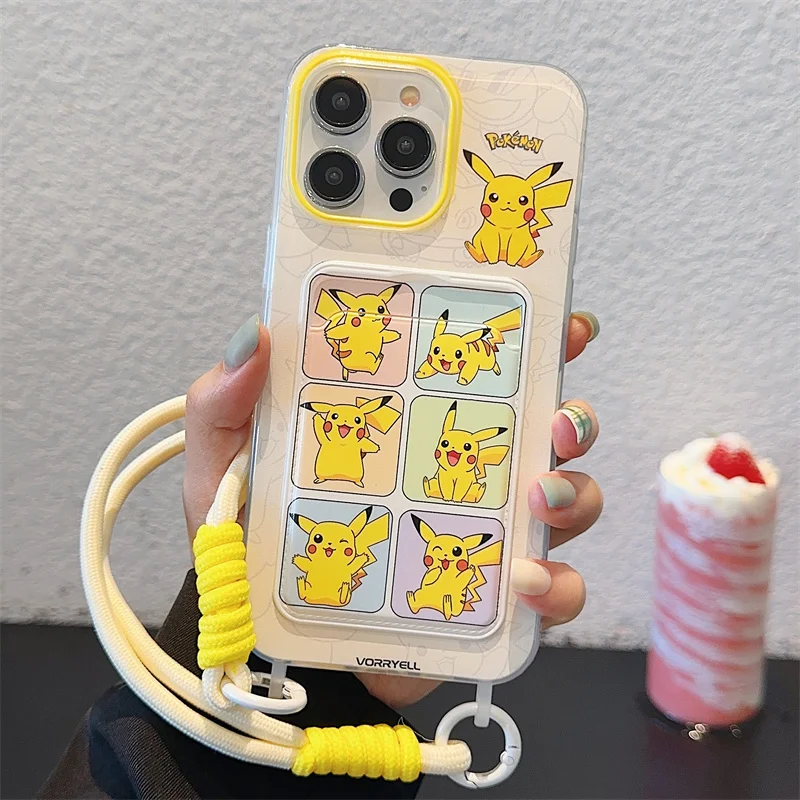 Japan Anime Cute Pokemon Pikachu Wallet Card Bag Bracelete Lanyard Phone Case per iPhone 11 12 13 14 15 Pro Max Anti-caduta Cover