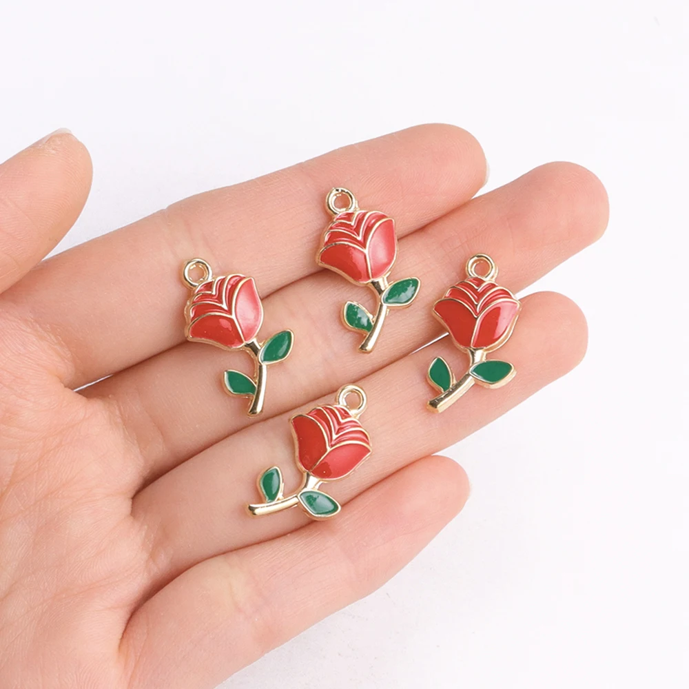 10Pcs Sweet Oil Drip Red Rose Flower Pendant For Necklace Bracelet Valentine\'s Day Earrings Charm DIY Accessories Craft Supplie