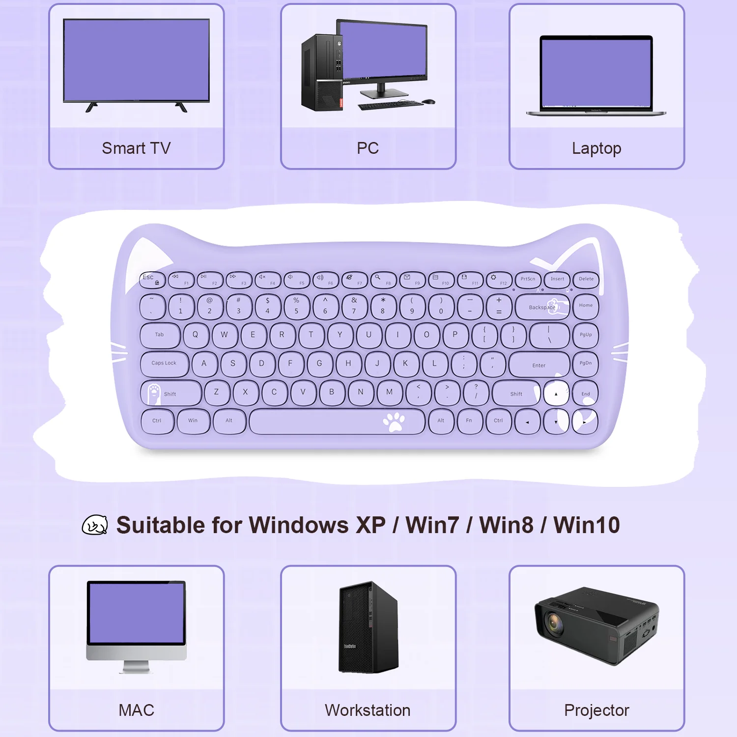 3060i لوحة مفاتيح كمبيوتر لاسلكية لطيفة 80% في المئة لوحة مفاتيح بلوتوث جميلة على شكل قطة ريترو صامتة ونحيفة مع آلة كاتبة مستديرة غير لامعة