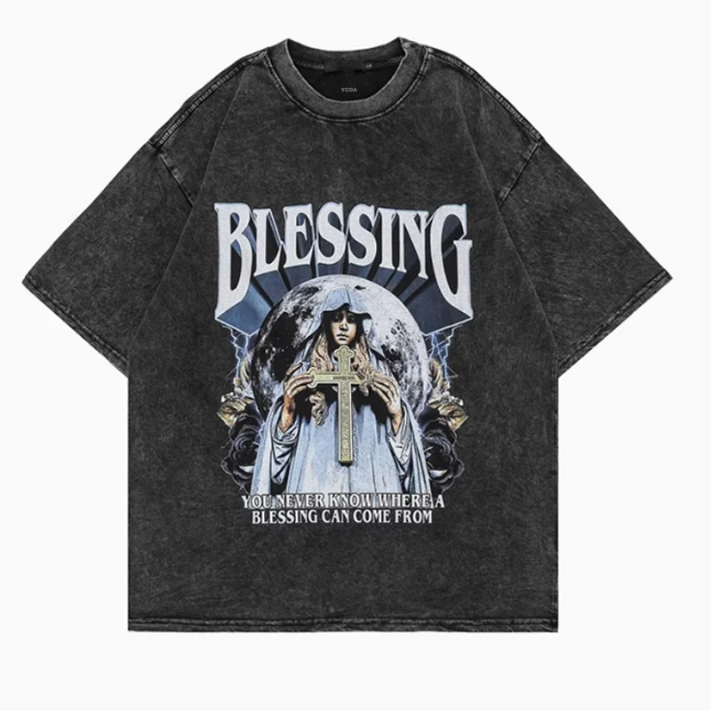 T-Shirt  Summer Cotton Tees Streetwear Short Sleeve Tops Printed Shadow Graphic Vintage Streetwear Korean Oversized Men Clothing