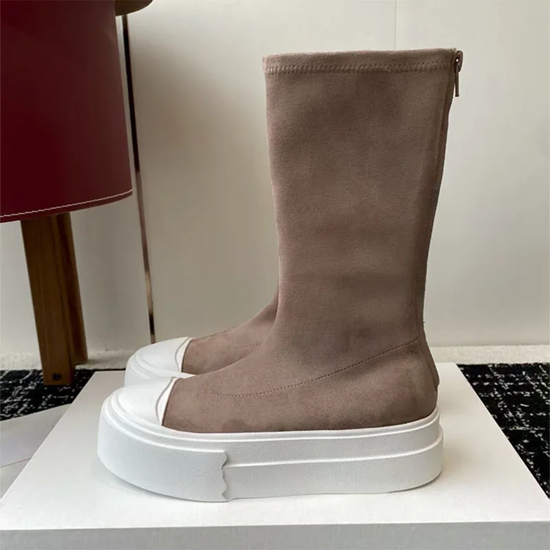 

Новые эластичные сапоги до середины икры для женщин, удобные туфли на плоской подошве с круглым носком, женские качественные повседневные длинные сапоги на толстой подошве