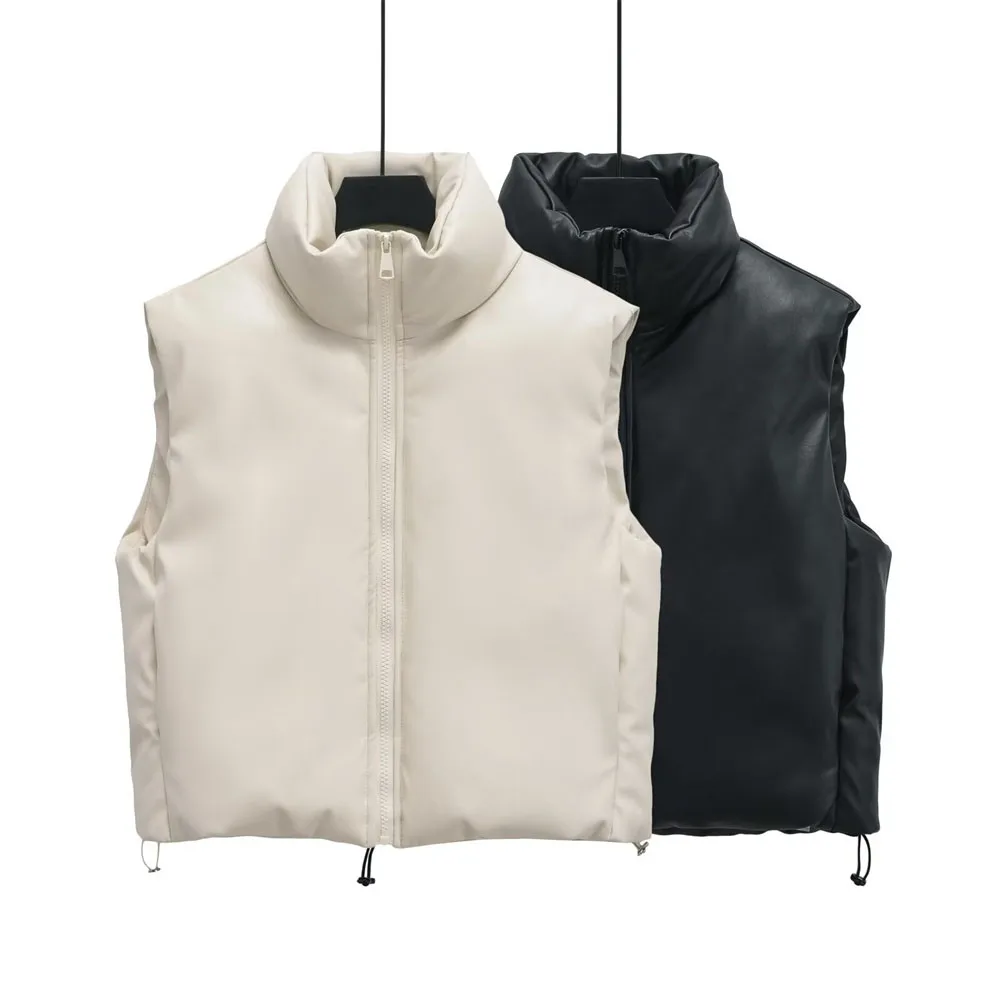 

Winter new women's standing collar sleeveless vest PU imitation leather cotton coat vest short jacket