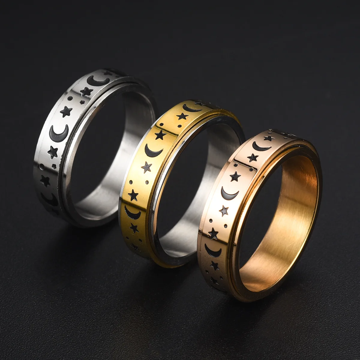 Frosted Stainless Steel Moon And Star Fidget Rings For Men Anti Stress And Anxiety Rotating Ring Fidget Metal Spinner Anillos