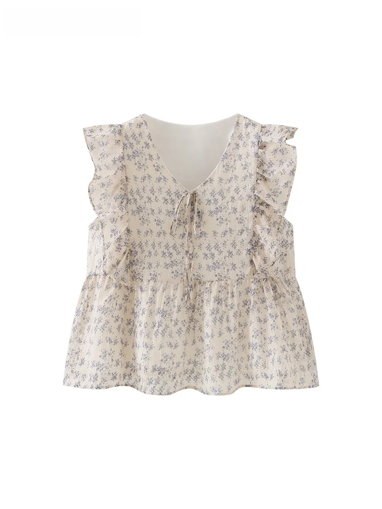 Vestido Floral Feminino La Chapelle Sweet Gentle V-ne Knot, Corte Reto Coreano, Anti-envelhecimento, Nova Chegada de Verão