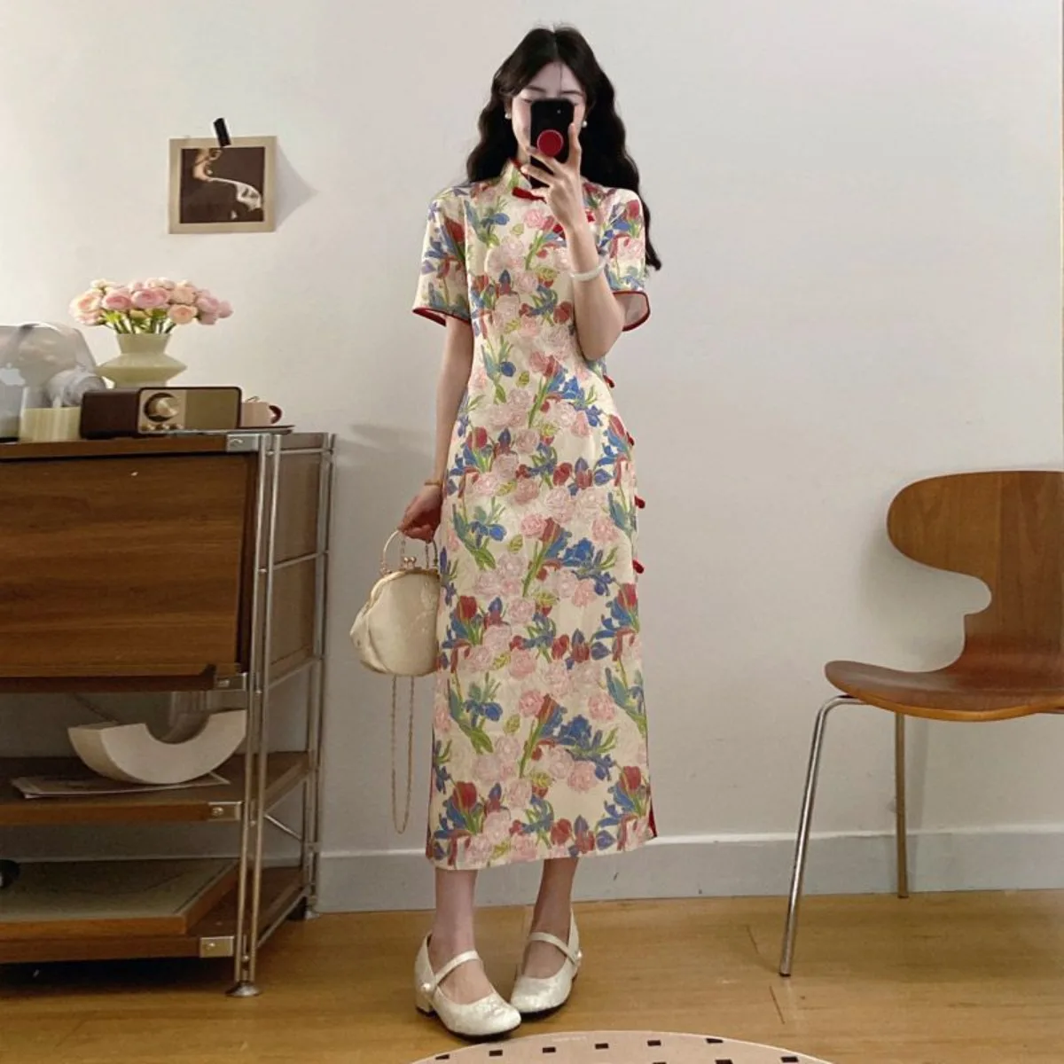 Plus Size Chinese Qipao, Summer Floral Cheongsam, Slimming Ancient Style Dress Women Fashion Chinese Traditional Clothing