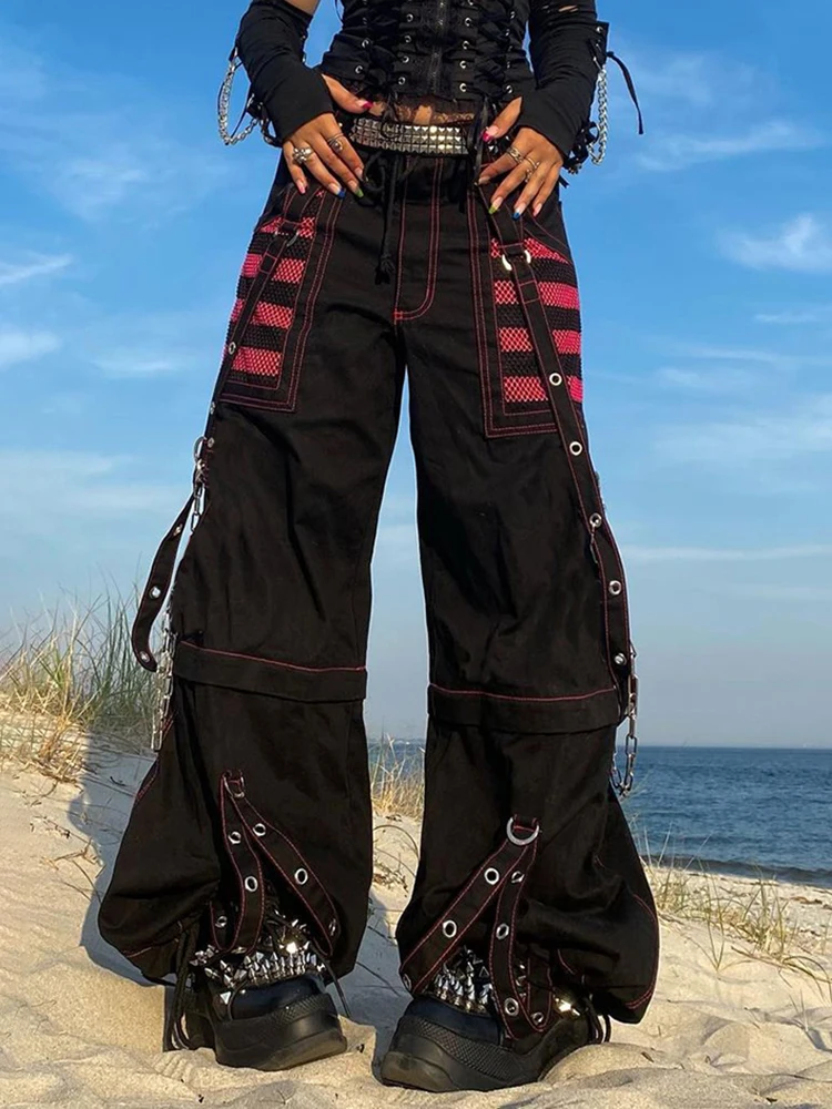 Rapcopter Bandage Chain Cargo Pants Low Waisted Baggy Pockets y2k Grunge Goth Black Trousers Sweatpants Punk Joggers Women 90s