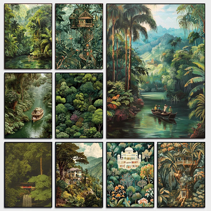 Vintage Botanical Jungle River Tropical Rainforest Exotic Nature Landscape Poster Canvas Painting Wall Art Pictures Home Deco