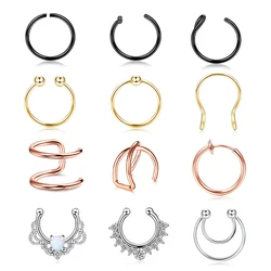 12Style Fake Nose Rings Hoop Stainless Steel Faux Septum Piercing Clip On Septum Ring Faux Non-Pierced Rings Earrings Jewelry