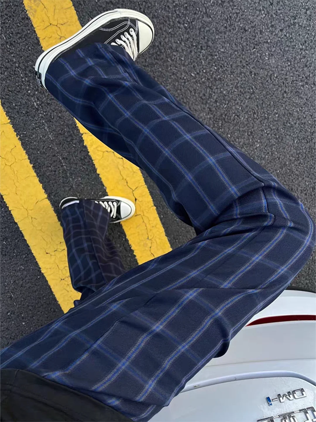 

Cleanfit Men's Plaid Pants Straight Leg Casual Spring Autumn k Blue Retro American Sle Slightly Flared Knife