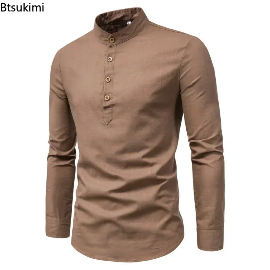 새로운 2025 남성용 비즈니스 셔츠 솔리드 슬림 공식 오피스 통기성 탑 셔츠 남성용 코튼 린넨 긴 소매 셔츠 남성 M-5XL