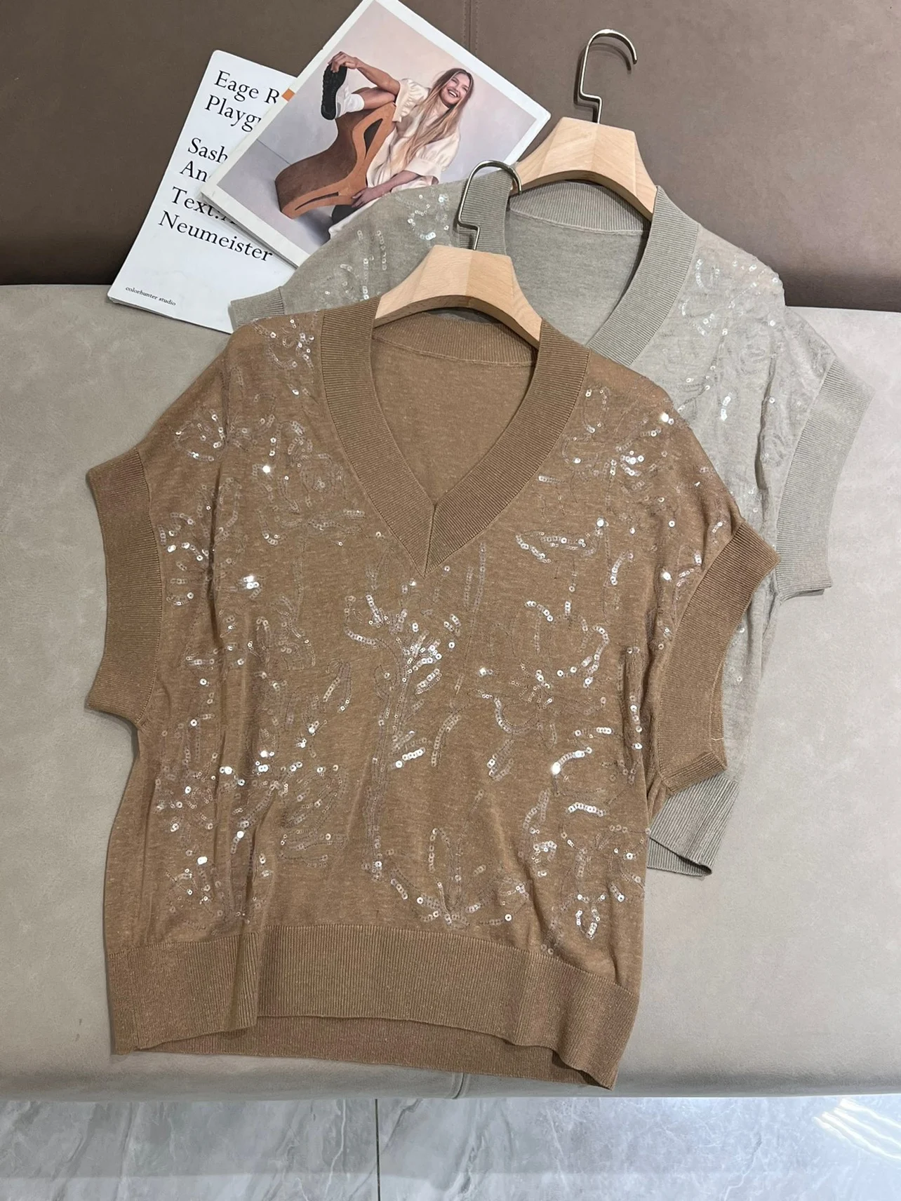 Summer Women's Sequin Embroidered Linen Sweater Short Sleeves Pullover Vest