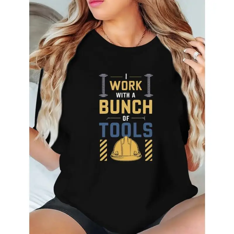 

Women Funny Construction T-Shirt Workplace Humor Bunch Of Tools Graphic Tee Engineer Contractor Building Worker Gift Top