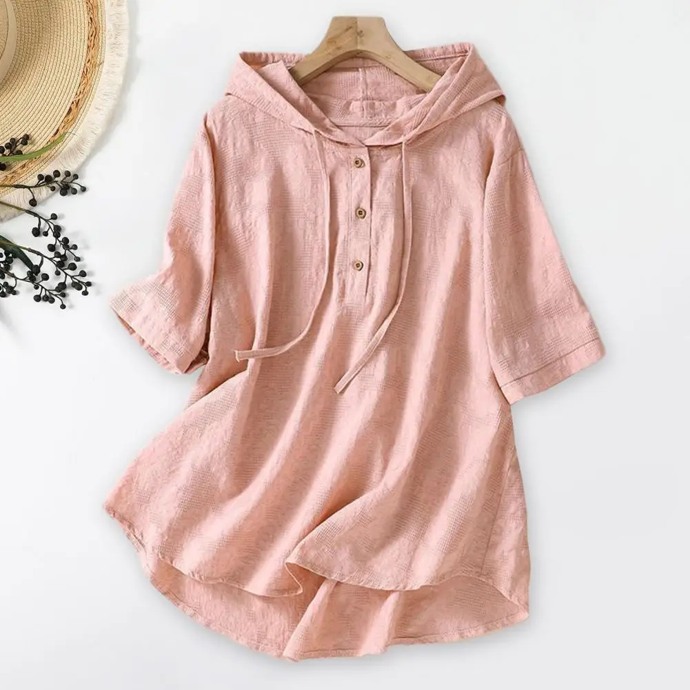 

Women Pullover Tops Solid Color Hooded Buttons Half Placket Short Sleeve T-shirt Solid Color Drawstring Loose Fit Blouse