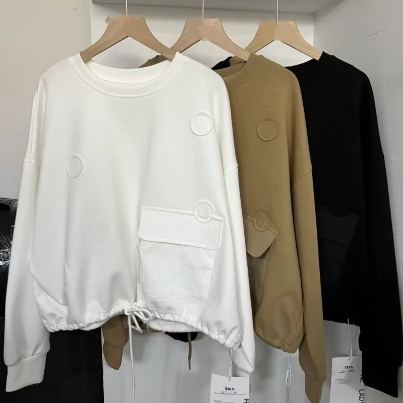 

Корейский стиль, большой карман, утягивающий пуловер на шнурке, толстовка с круглым вырезом, женская повседневная свободная толстовка с длинными рукавами, топы