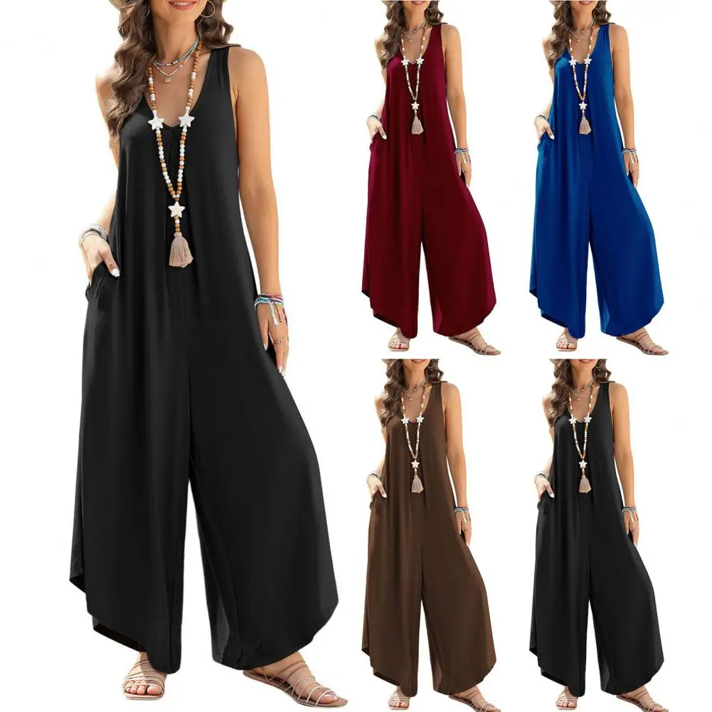 

Women Sleeveless Jumpsuit Stylish Women's Sleeveless Wide Leg Jumpsuit with V Neck Pockets Soft Fabric Irregular Hem Ankle