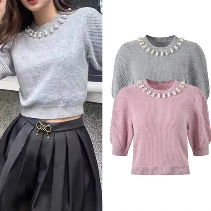 

Ele Sweet Sle ort Sve Women's Knitted irt Retro Faion High-End Version Versatile Top round Ne ort Length