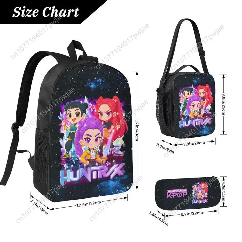 3PCS Functional K-POP Demon Hunters Backpack Set - Black Large Capacity Laptop Schoolbag + Portable Lunch Bag + Pencil Case, Fas