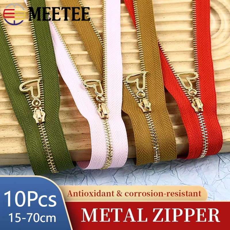 

10Pcs 3# Metal Zippers with Heart Puller 15-70cm Close/Open End Zip for Garment Pocket Decor Zips Repair DIY Sewing Accessories