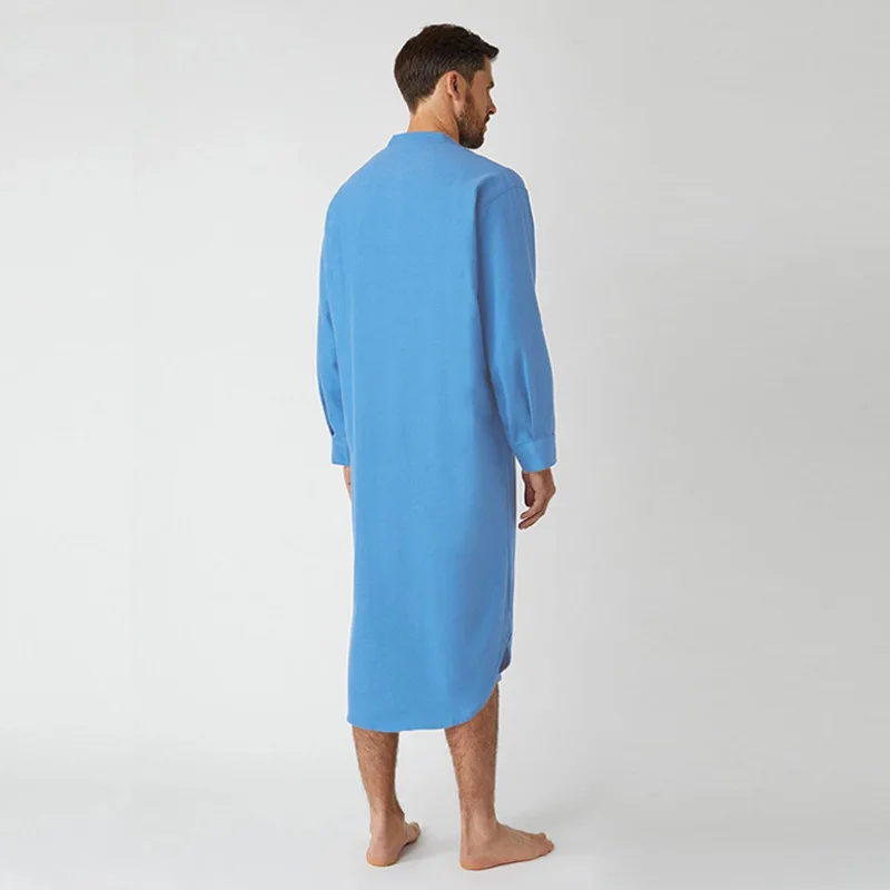 Blue Color Long Sleeved Muslim Long Shirt for Men Solid Cotton Linen Robes Muslim Fashion Arabia Man abaya