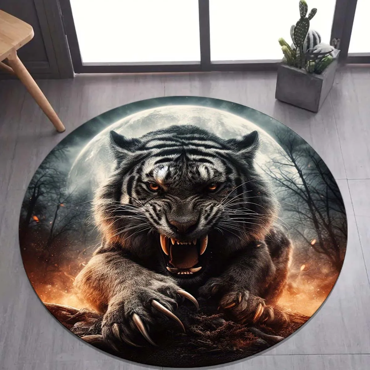 

1pc Soft Tiger Round Area Rug - Non-slip, Washable Polyester Area Rug for Living Room, Bedroom, Kitchen and Bathroom