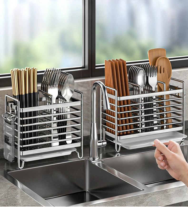 Wandmontierter Utensilienhalter ohne Bohren. Platzsparender Organizer aus Edelstahl für Küchenbesteck, ideal für kleine Räume – Detail 2
