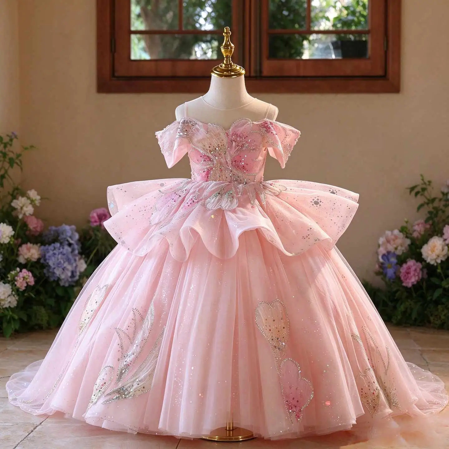 Jill Wish J630 Pink Off Shoulder Butterfly Girls Pageant Gown, Beaded Sequin Sparkly Tulle Princess Dress for Birthday & Wedding