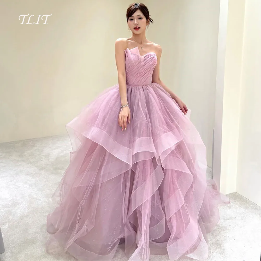 

TLIT Lovely Pink Tulle Evening Dress이브닝 드레스 Korea Wedding Dresses Photo Shoot Pleats Strapless Prom Gown Customized