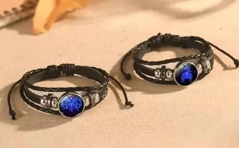 Pulsera hecha a mano con 12 signos del zodiaco, brazalete de piel sintética con 12 signos del zodiaco, ajustable, luminoso