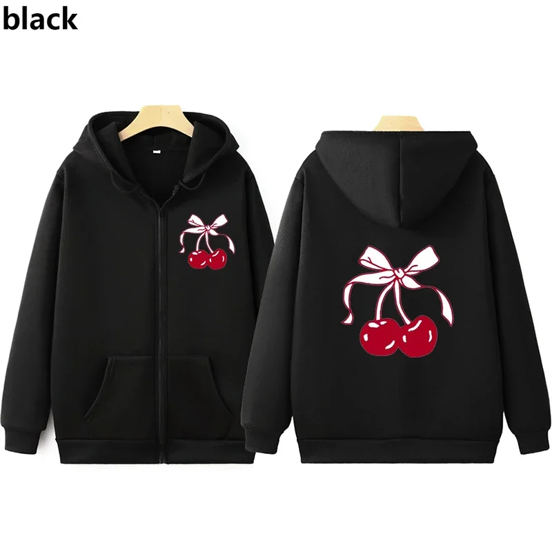 Cute Cartoon Bow Cherry Print Girl Cardigan Y2k Aesthetic Streetwear Women Hoodies Long Sleeves Zipper Coat Oversize Sweatshirt