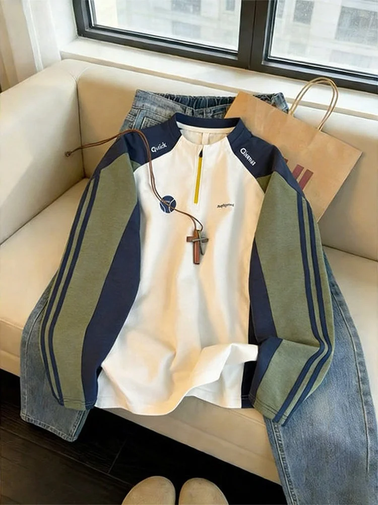 

Мужская футболка American Sle Color Block с длинным рукавом на молнии для активного отдыха, велоспорта, быстросохнущая, дышащая, повседневная одежда