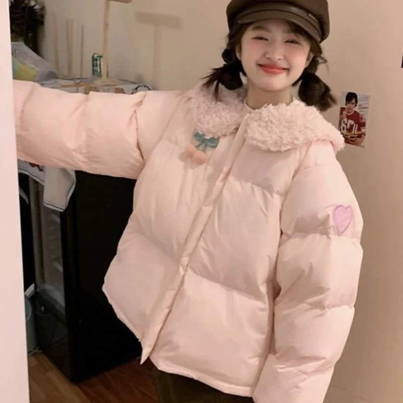 

Pink Kawaii Lolita Style Women Parka Sweet Plush Peter Pan Collar Zippers Casual Top Y2k Aesthetic Velvet Lined Down Padded Coat