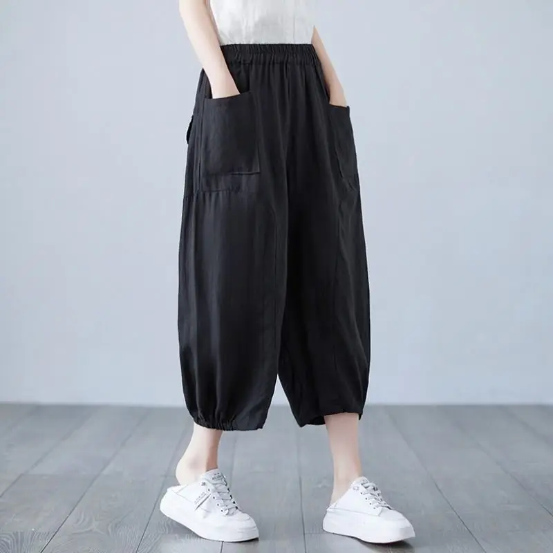 

Cotton Pants for Women 2024 Summer Retro Casual Baggy Capri Harem Pants Soft High Waist Black Trousers Womens Oversized Pant Q85