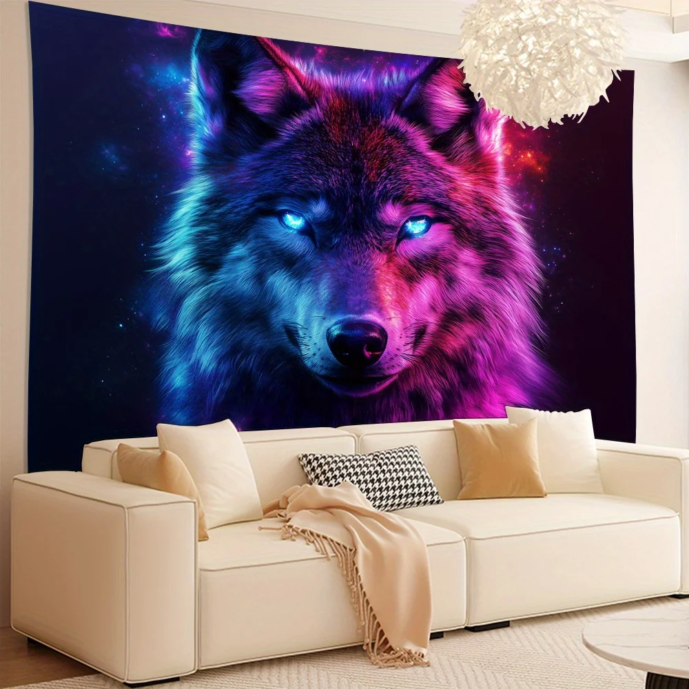 Galaxy Wolf Wall Tapestry Neon Animal Art Cosmic Print Kids Room Decor Modern Boho Home Decoration Fantasy Animal Poster