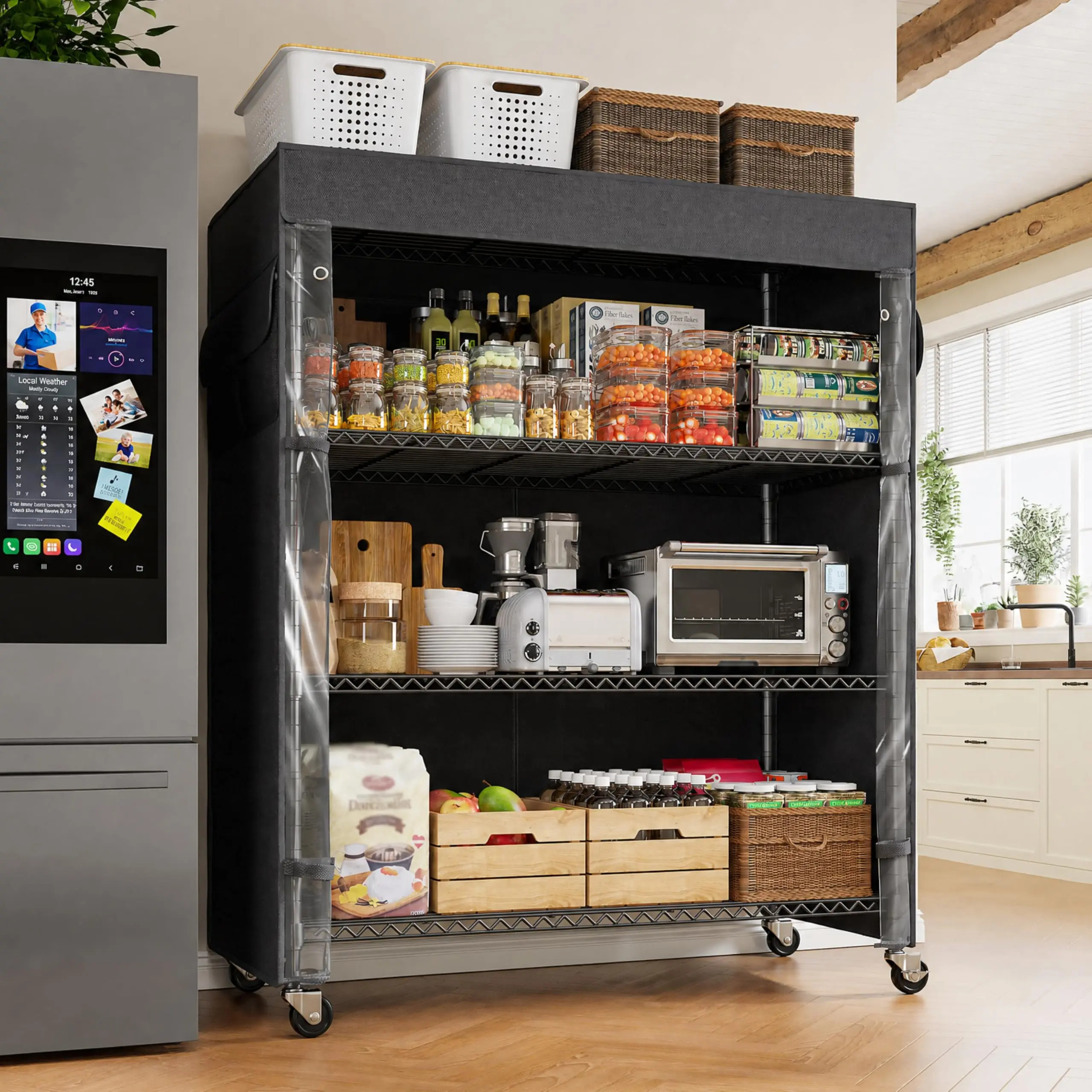 4-Tier Shelving Unit with Cover, Dustproof, with Wheels for Pantry