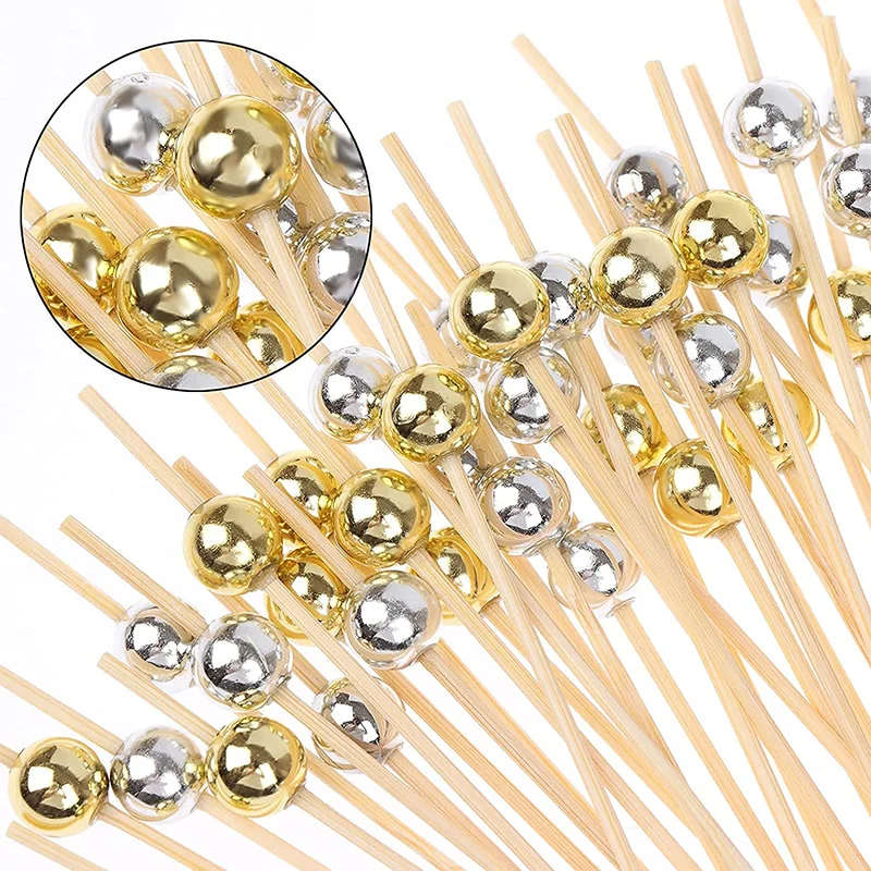 100Pcs Gold Beads Bamboo Fruit Sticks 12cm Fruit Salad Snack Fork Cocktail Decor Cake Buffet Toothpicks Wedding Party Supplies