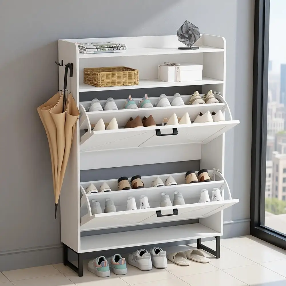 

Slim White Shoe Cabinet with Open Storage and Hooks for Entryway and Living Room