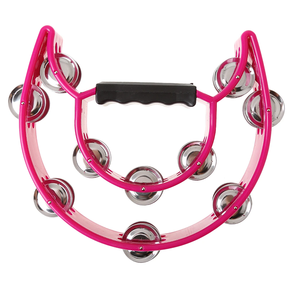 Hand Held Tambourine Double Row Jingles Half Moon Hand Percussion Plastic Musical Instrument Toy for Kids Party