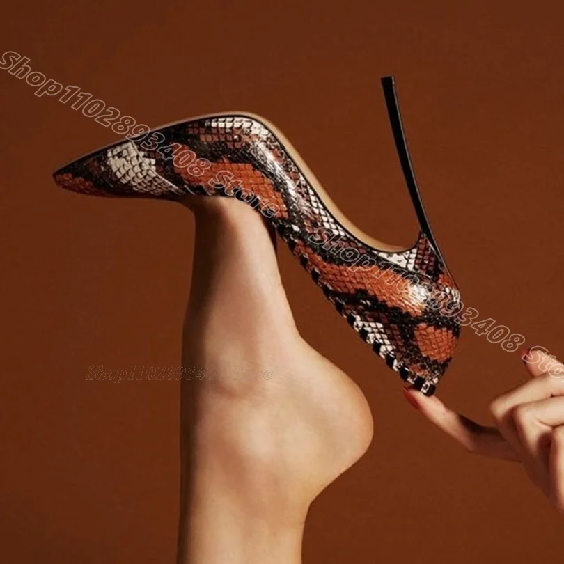 Snakeskin Pattern Metal Heels Pumps Pointed Toe Shallow Sexy British Style Party Casual Women Shoes 2024 Zapatos Para Mujere